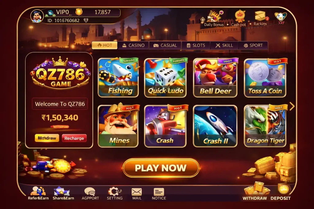 QZ786 Game main interface showing slot games, card games, wallet balance, and play now button on mobile screen