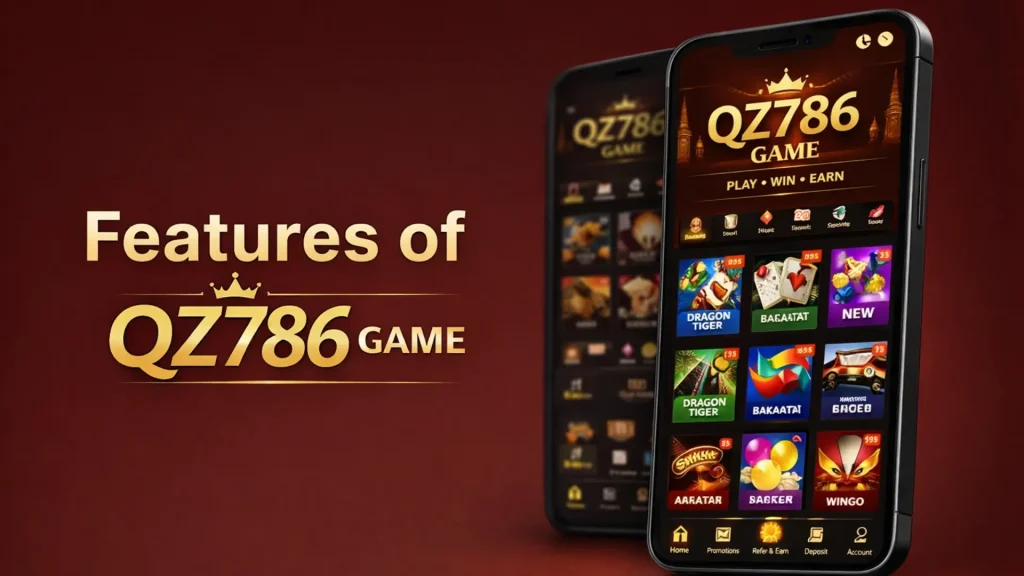 QZ786 Game features display on mobile app screen showing multiple games and play win earn interface.