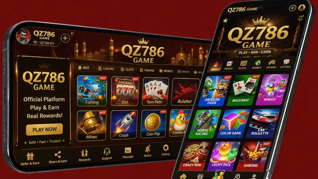 QZ786 Game mobile app interface showing multiple casino-style games and features on smartphone screens.