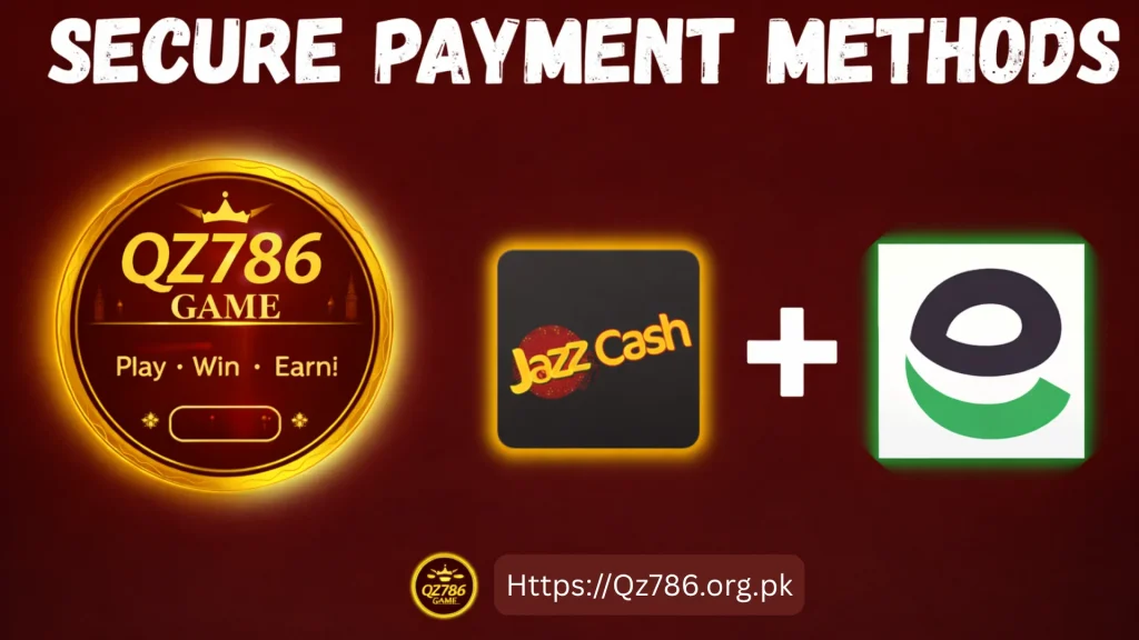 QZ786 Game secure payment methods showing JazzCash and Easypaisa options on a red background.